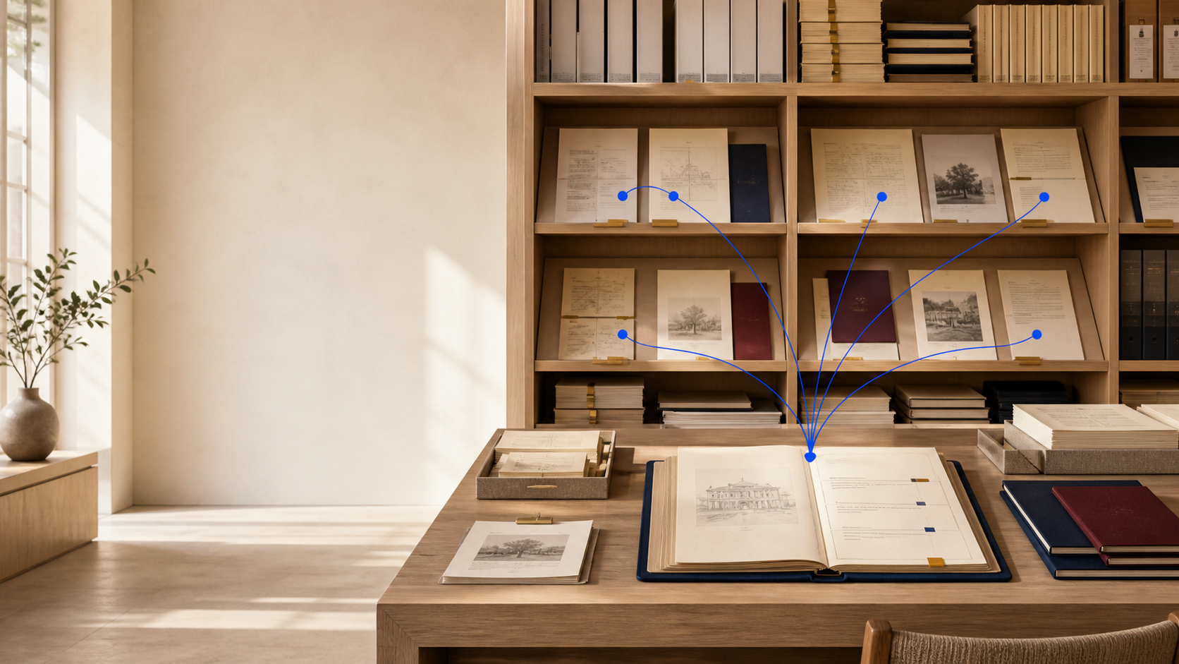 A private reading room where cited source paths converge on one open evidence folio